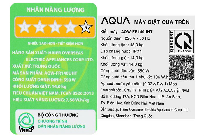 Máy giặt Aqua Lồng đứng 14 kg AQW-FR140UHT SS